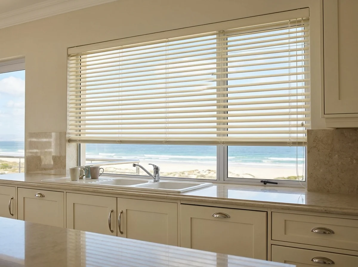 Aluminium venetian blind slats tilted open over a Strand beachfront kitchen window, ocean and beach visible beyond