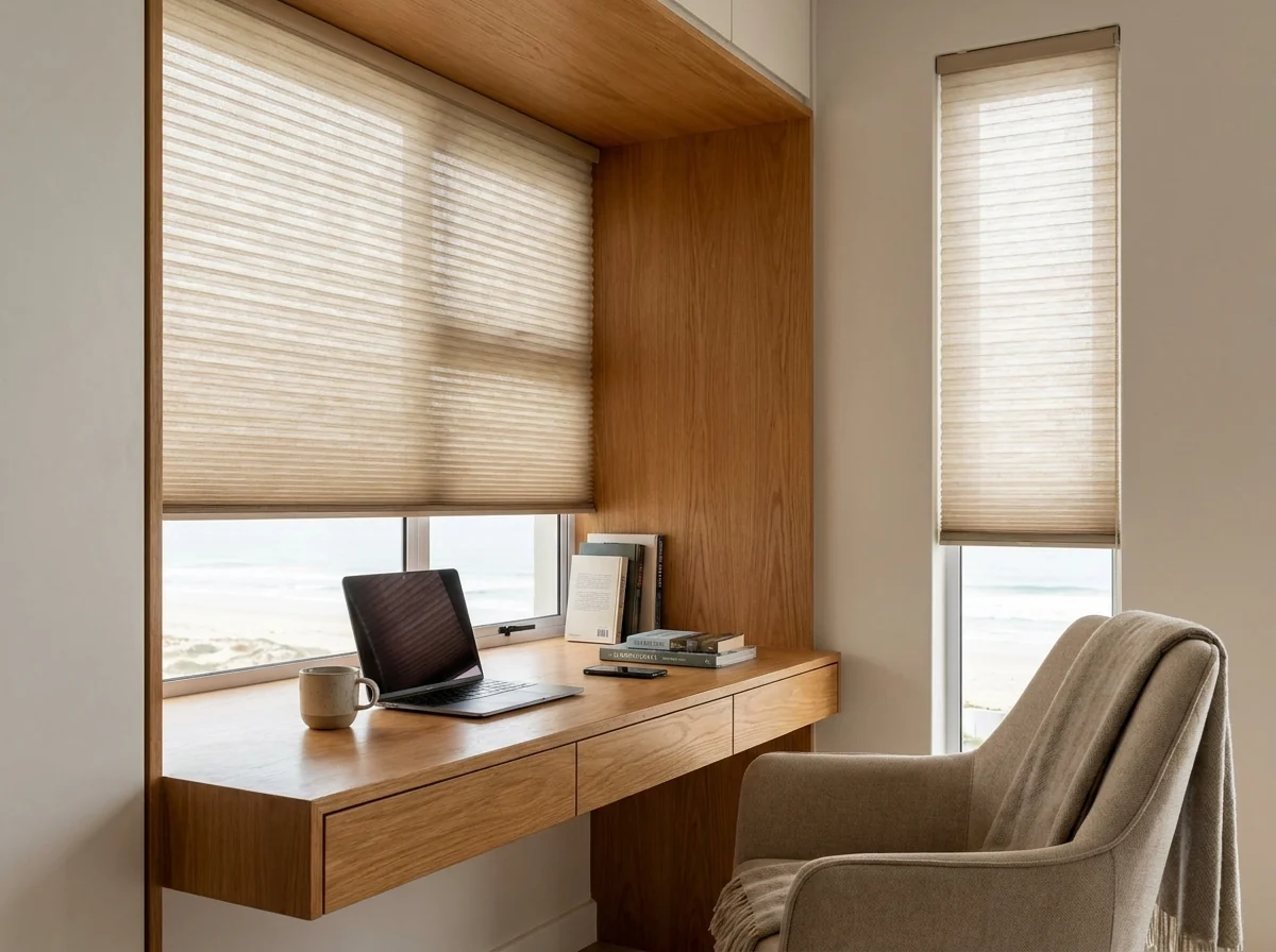 Cellular honeycomb blind with hexagonal pleated cells half-drawn in a Strand beachfront study nook overlooking the beach