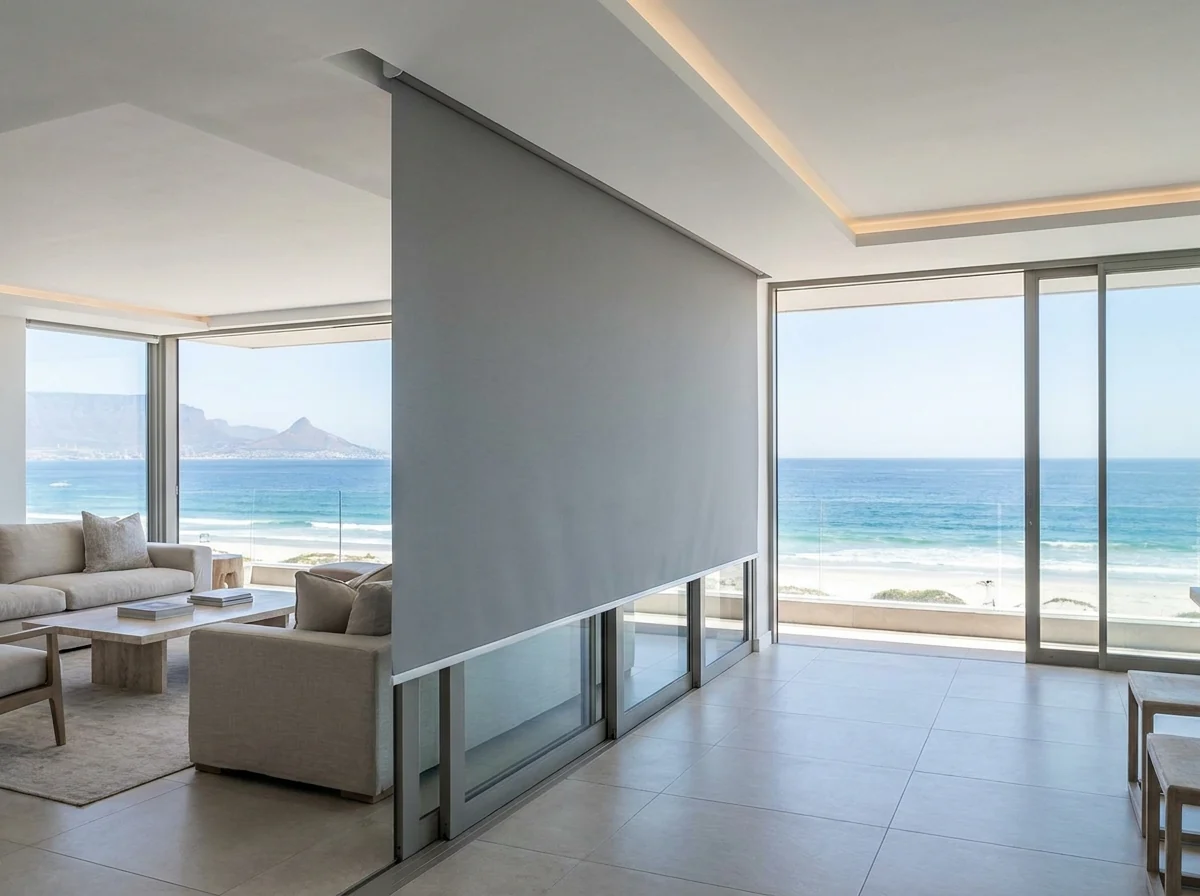 Roller blind dropped from a concealed ceiling recess in a Strand beachfront lounge, ocean visible through the full-height glass