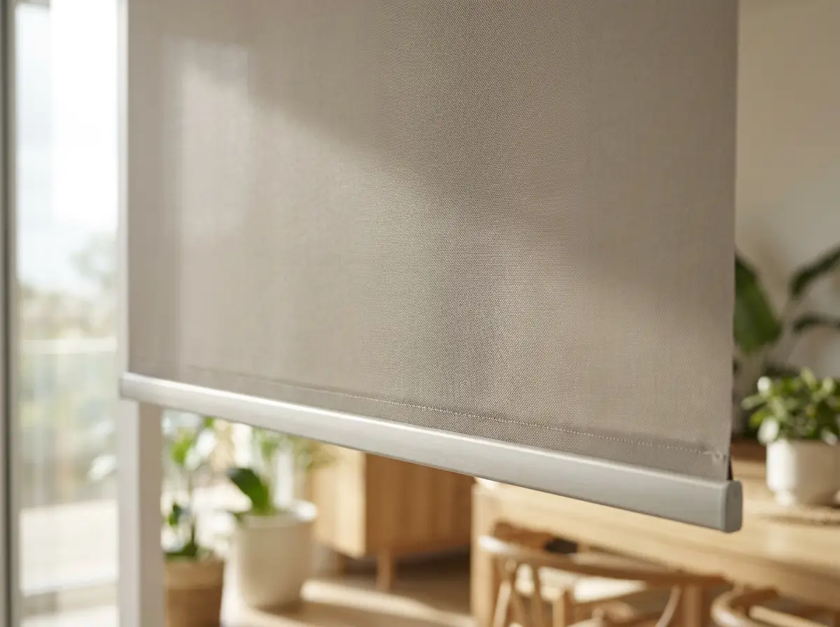 Close-up of a flat taut roller blind fabric in warm neutral tone with slim aluminium bottom bar, no folds