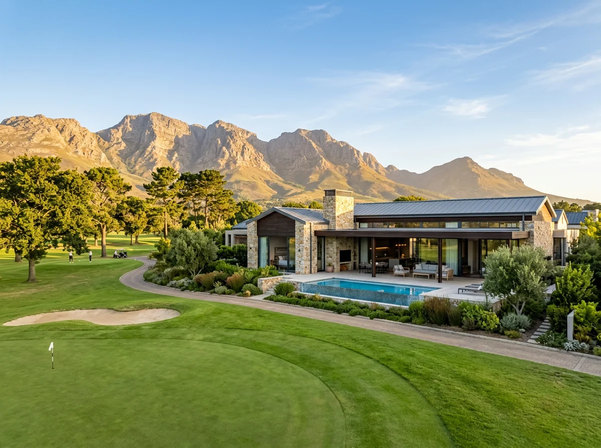 Modern home on Erinvale Golf Estate with fairway views and the Helderberg mountains behind