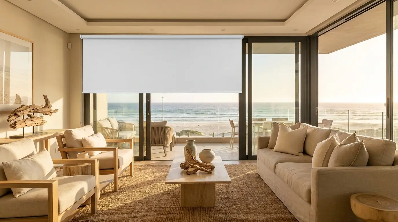 Beachfront apartment lounge in Strand with a flat white roller blind raised above sliding glass doors, ocean and beach view beyond