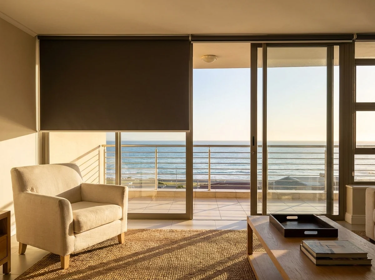 Beachfront apartment living room in Strand with a blockout roller blind half-lowered over sliding glass doors onto the balcony