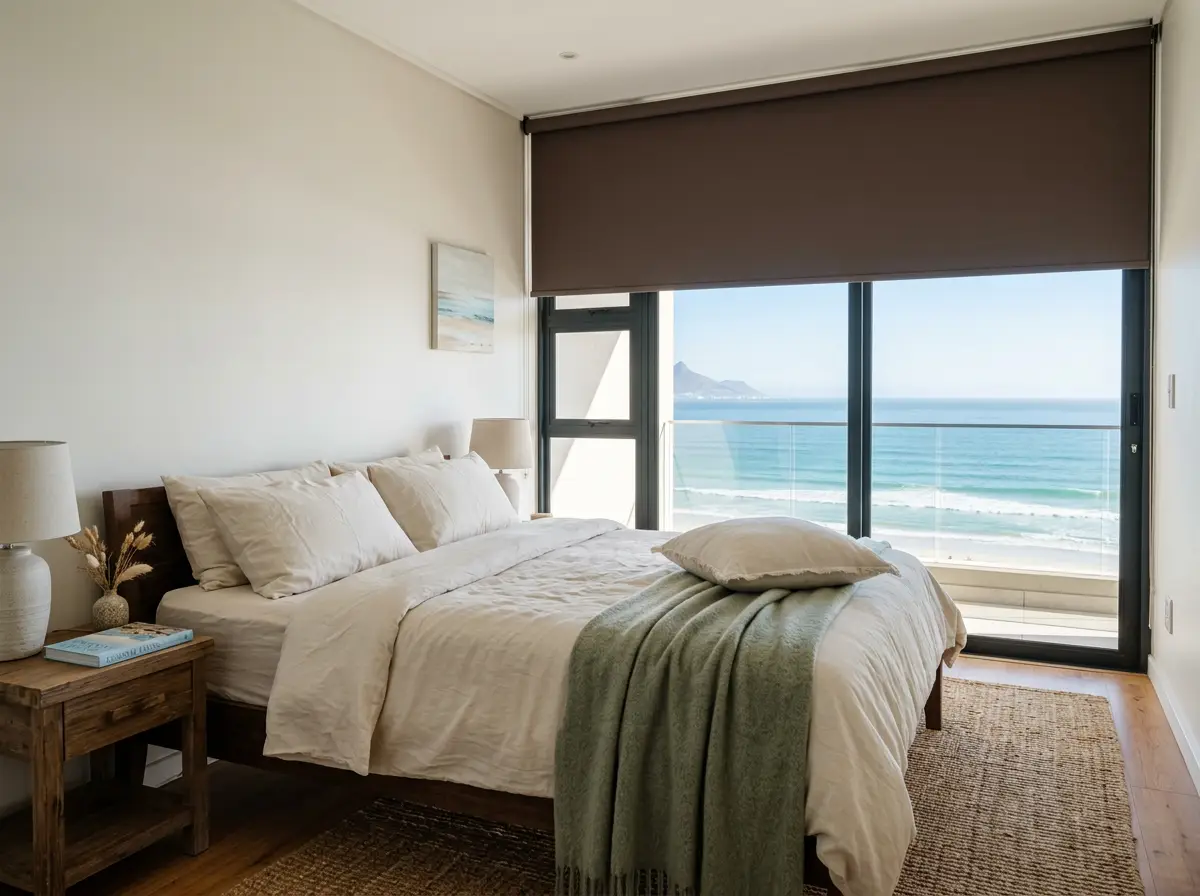 Bedroom with sea view in a Strand beachfront apartment, single smooth dark brown roller blind lowered above sliding glass doors to the balcony