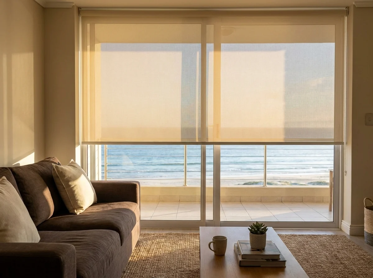 Flat cream sunscreen roller blind lowered halfway across a Strand beachfront lounge window, ocean and sandy beach visible through the mesh
